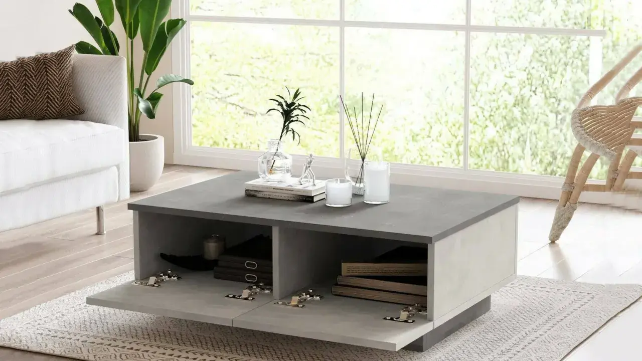 Elegante tavolino design con vani contenitori a giorno e ante a ribalta, perfetto per un salotto moderno.