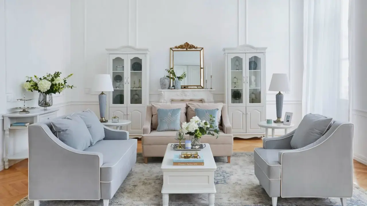 Elegante salotto shabby chic moderno con divani grigi, poltrone, tavolino bianco, specchio dorato e vetrine.