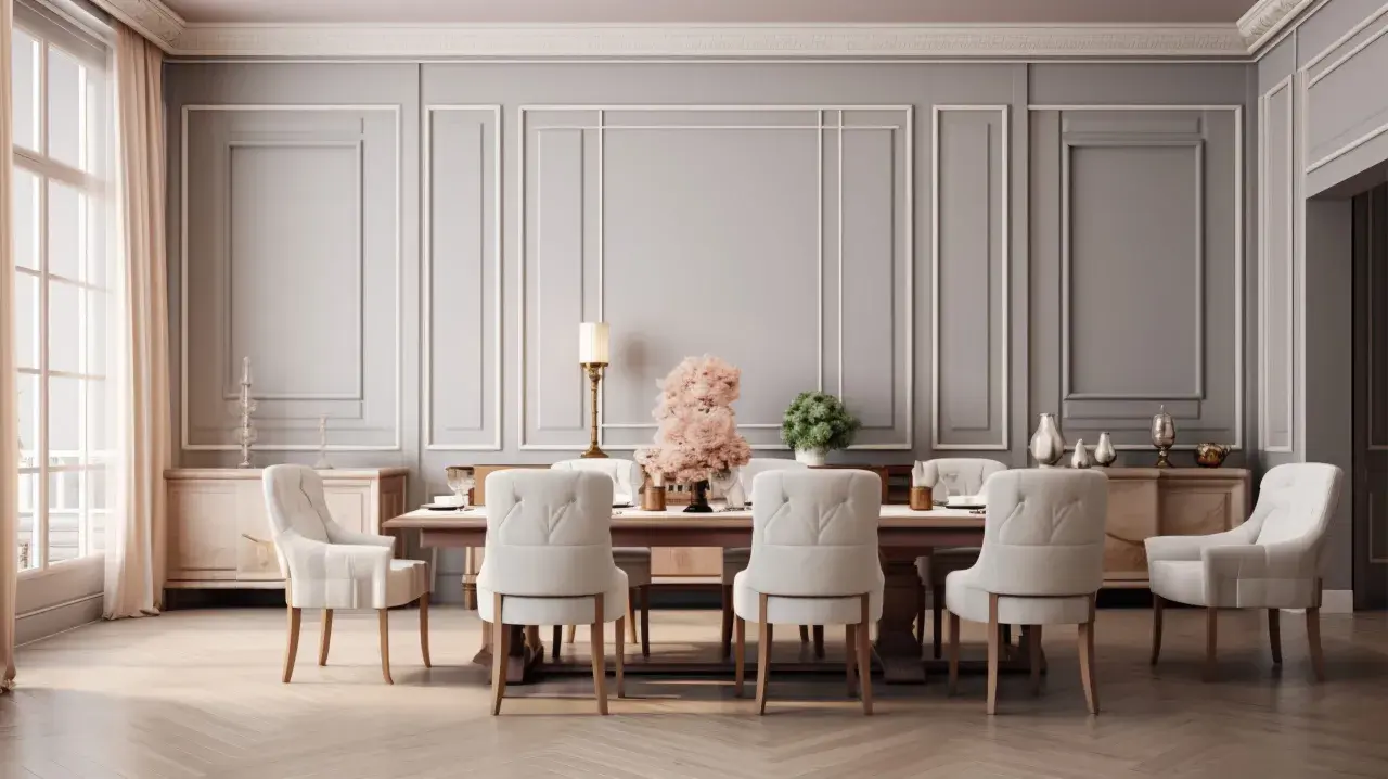 Elegancka jadalnia z boiserie, stołem i białymi krzesłami. Idealne idee boiserie soggiorno.