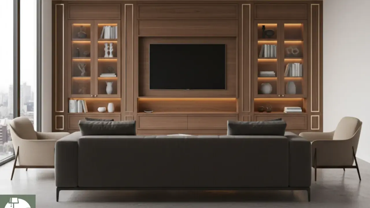 Un salotto classico elegante con divano scuro, poltrone chiare e un'imponente libreria in legno con TV centrale.