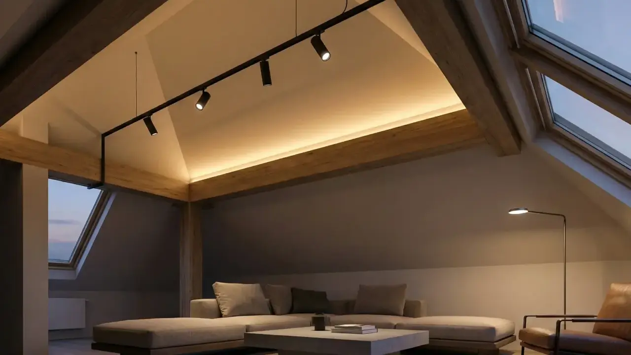 Accogliente mansarda con tetto spiovente, illuminazione soffusa e travi a vista. Un moderno sistema di faretti illumina l'ambiente, creando un'atmosfera calda e rilassante.