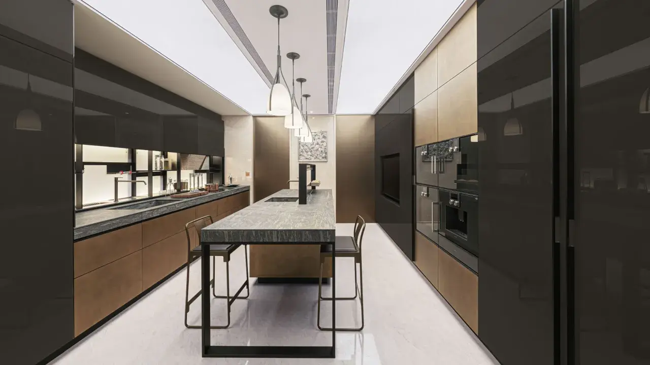 Cucina moderna Valcucine SPA con isola centrale in marmo, pensili neri lucidi e finiture in bronzo.