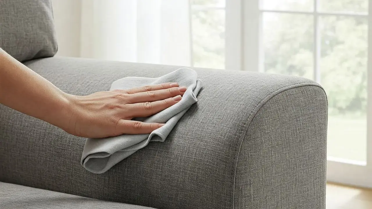Mano che pulisce una poltrona in tessuto grigio con un panno. Un gesto semplice per imparare come pulire una poltrona in tessuto e mantenerla come nuova.