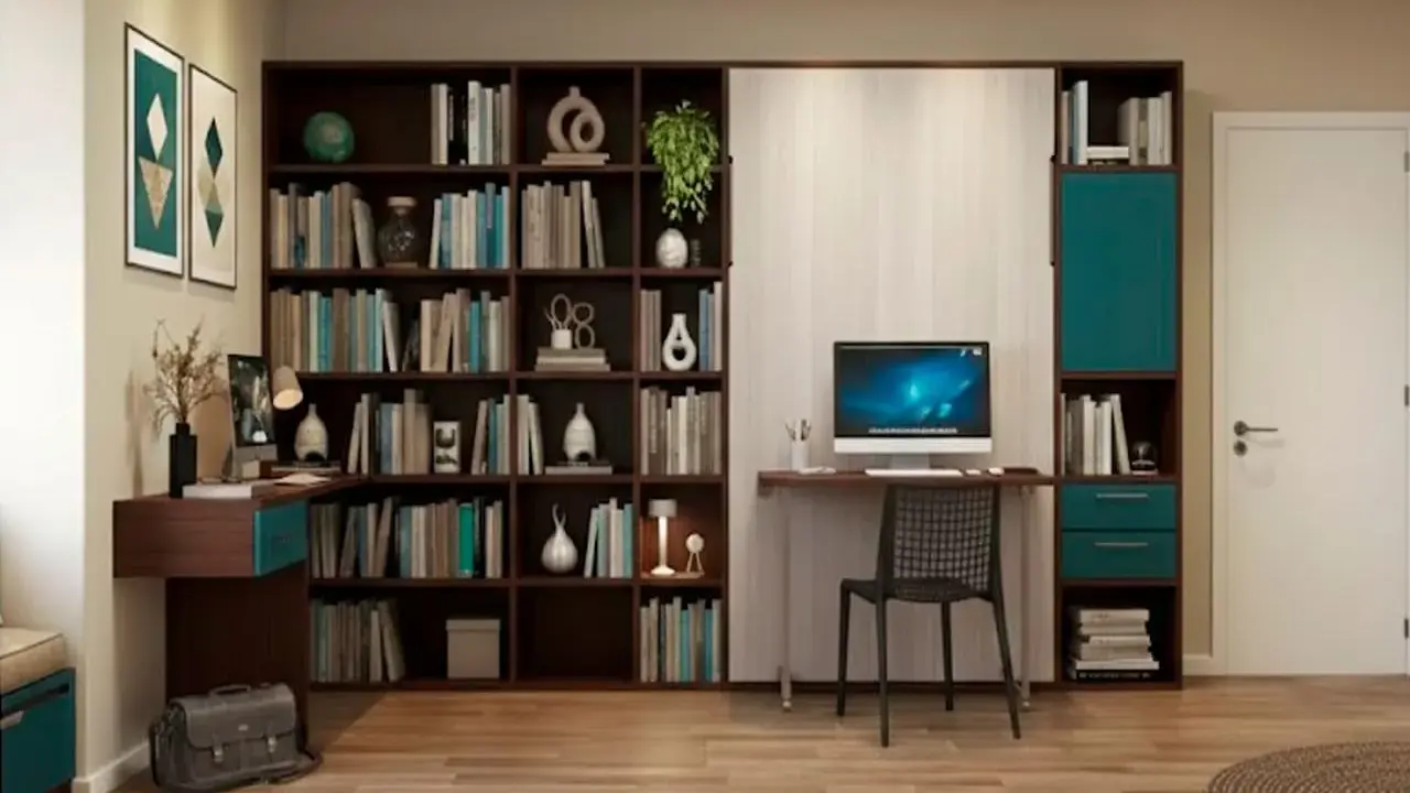 Scrivania con computer e libreria piena di libri. Un angolo studio clara bona, perfetto per lavorare o leggere.