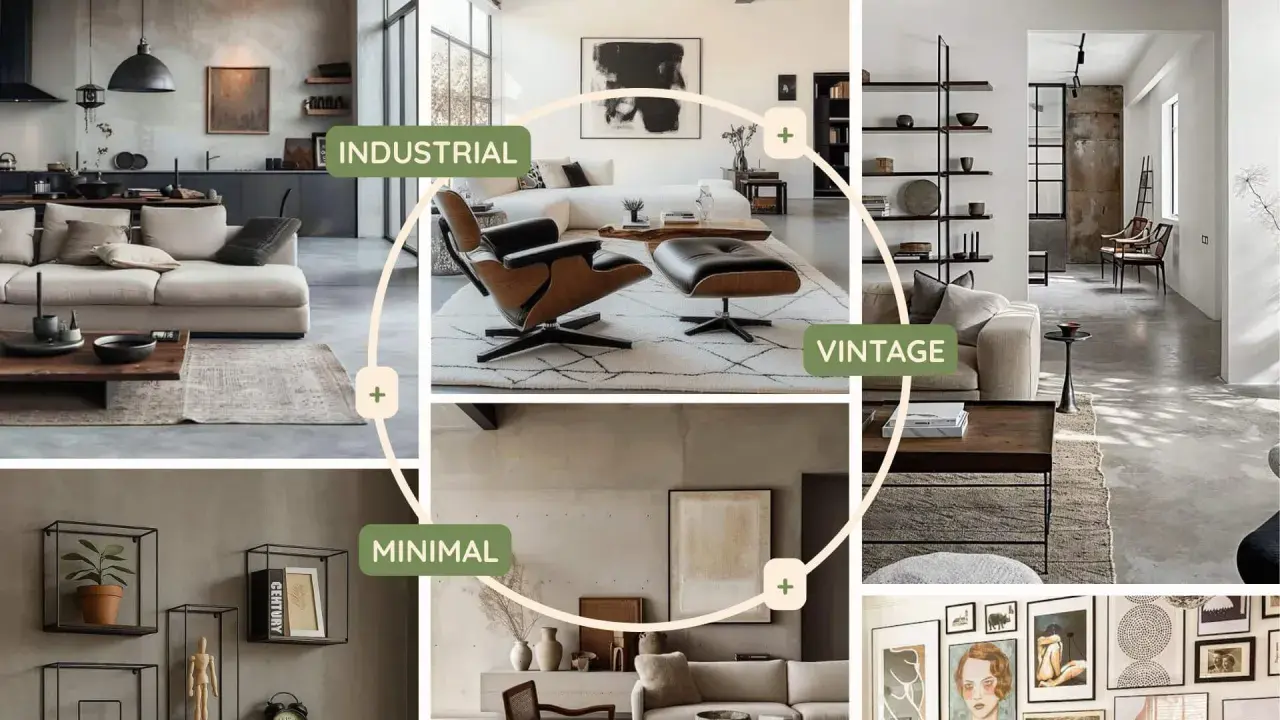 Collage di interni: cucina industriale, soggiorno vintage con poltrona Eames, e zona living minimal. Un esempio di abbinamento colori arredamento.