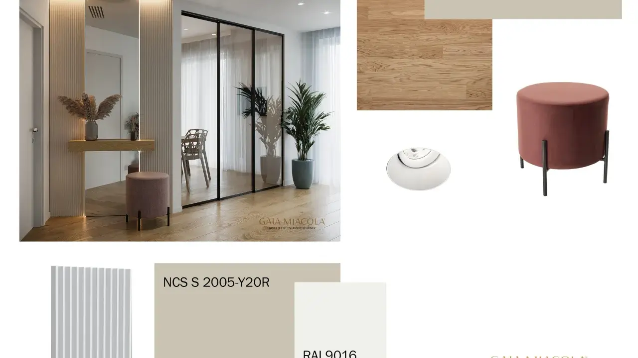 Tonalità tortora per pareti cucina: un moodboard con campioni di colore, parquet e pouf rosa antico.