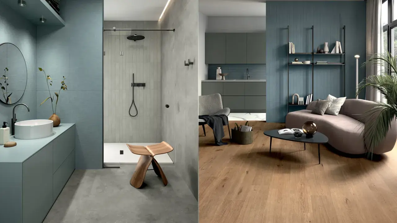 Bagno moderno con lavabo e doccia, soggiorno con divano curvo e libreria. Colori che si abbinano con il grigio, creando un'atmosfera rilassante.