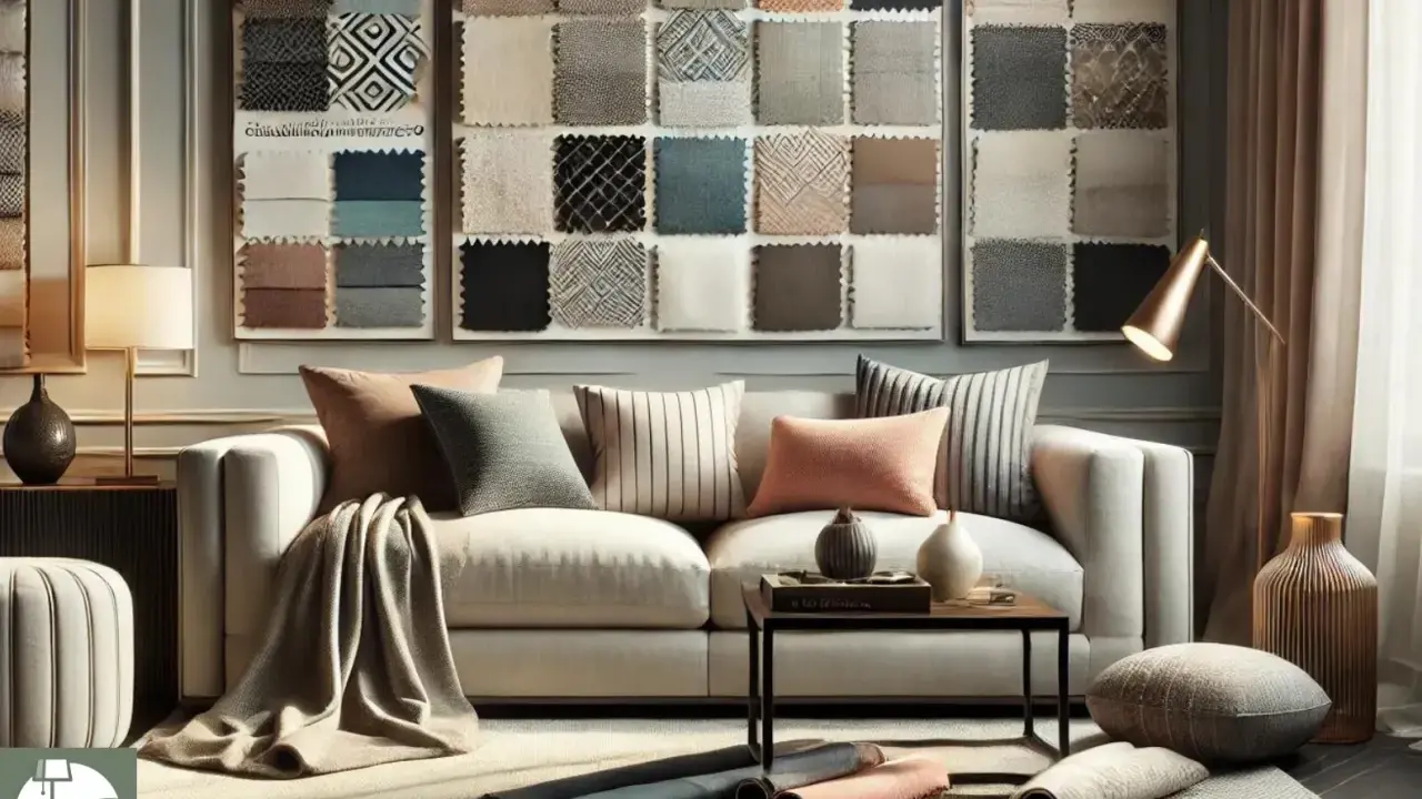 Tessuti per divano in esposizione, con campioni di texture e colori che ispirano il design d'interni.
