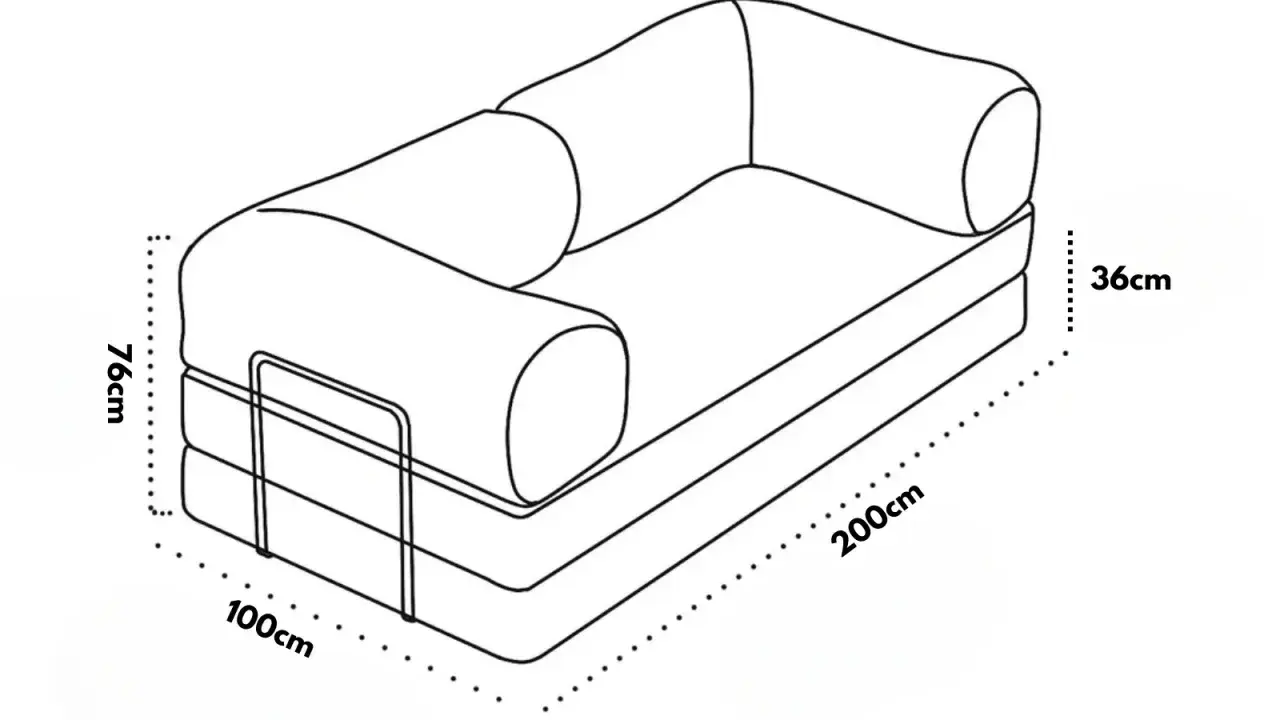 Divano letto con dimensioni indicate: altezza 76cm, larghezza 200cm, profondità seduta 100cm e altezza seduta 36cm.