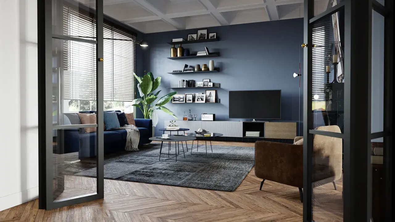 Un elegante foto salotto moderno con divano blu, poltrona marrone, tappeto scuro e pareti blu intenso.