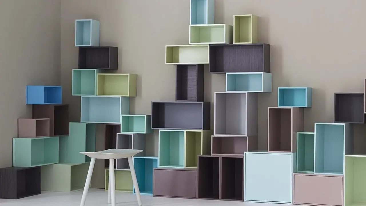 Scaffali colorati disposti in modo creativo, un esempio di design modulare che si adatta a ogni spazio.