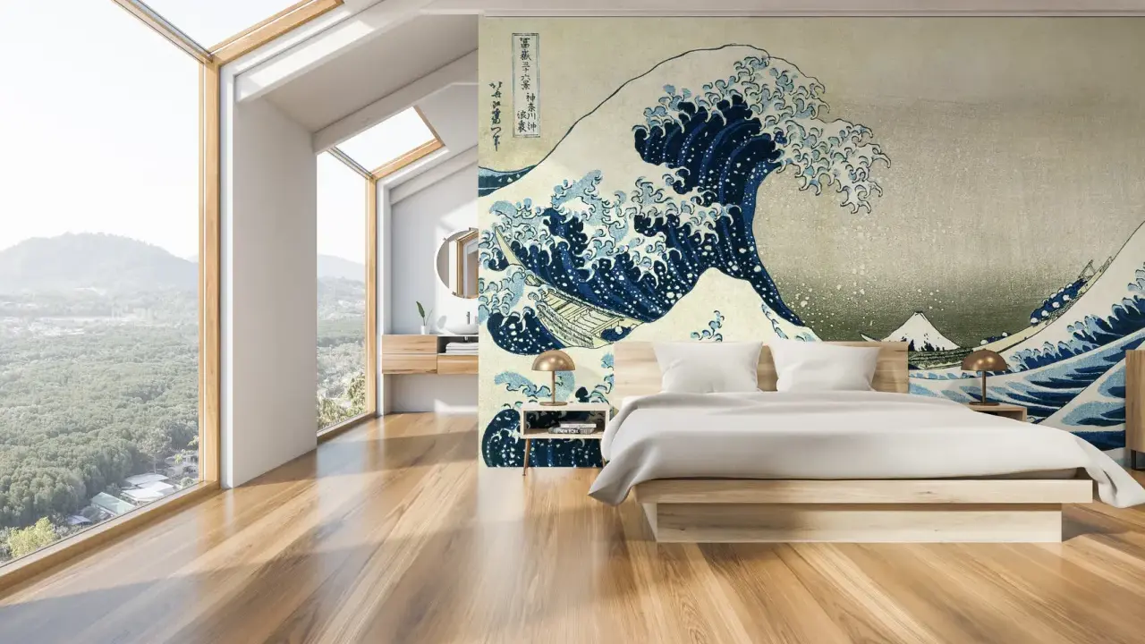 Camera da letto moderna con murale "La Grande Onda" di Hokusai. Un'idea di design audace per le tue pareti.