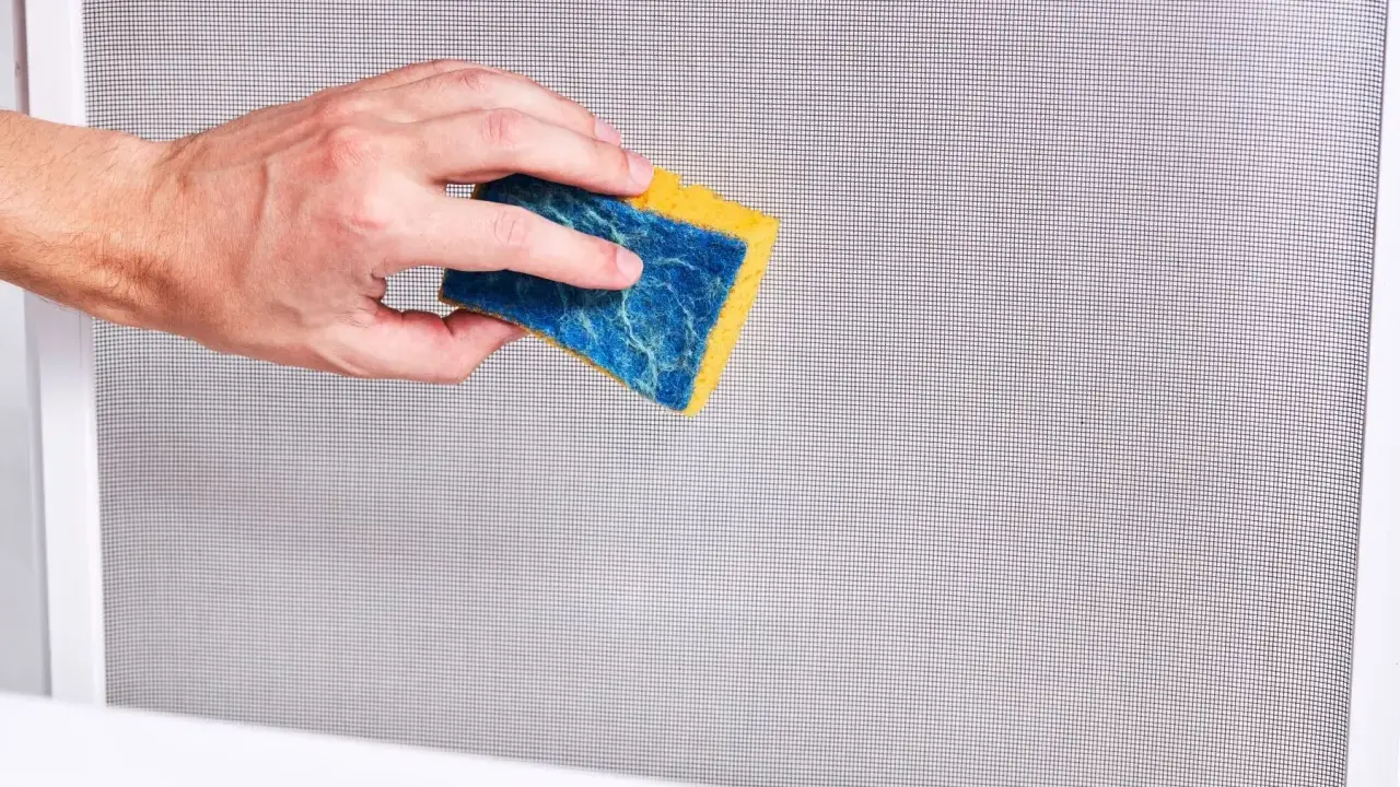 Mano che pulisce una zanzariera con una spugna blu e gialla. Un modo semplice per imparare come pulire le zanzariere.
