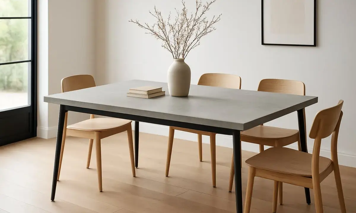 Un elegante tavolo minimal design con piano in cemento e sedie in legno chiaro. Un vaso con rami secchi e due libri completano l'arredo.