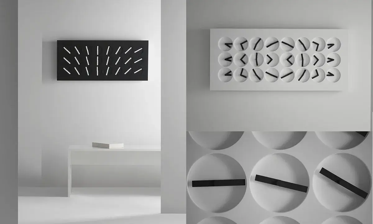 Orologio muro design minimalista, con quadrante nero e lancette bianche, e un altro con quadrante bianco e lancette nere.