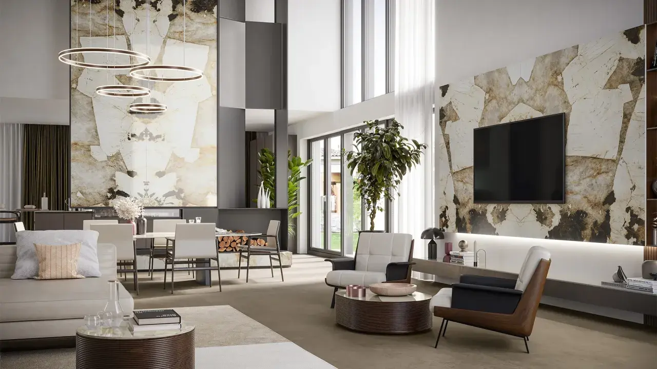 Un elegante salotto e sala da pranzo insieme, con pareti in pietra naturale e illuminazione moderna.