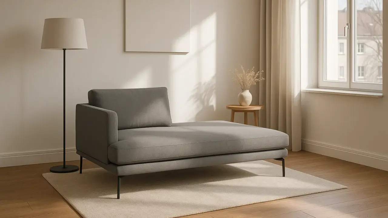 Chaise longue grigia moderna su tappeto chiaro, con lampada da terra e tavolino. Le misure sono perfette per un angolo relax.