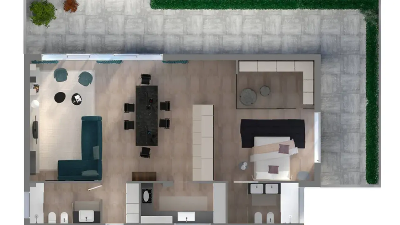 Vista aerea di un appartamento moderno: soggiorno con divano e TV, zona pranzo, cucina e camera da letto. La **distanza tv divano** è ottimale per il relax.