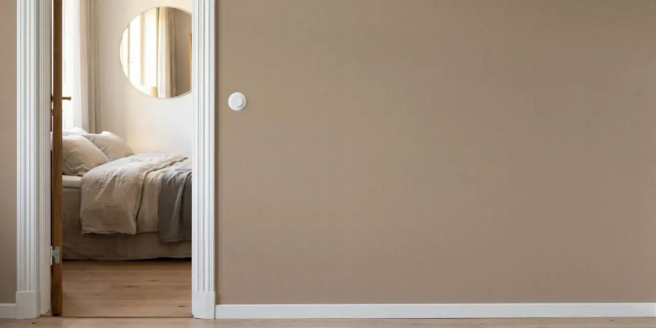 Camera da letto con letto accogliente, specchio rotondo e pareti color taupe.