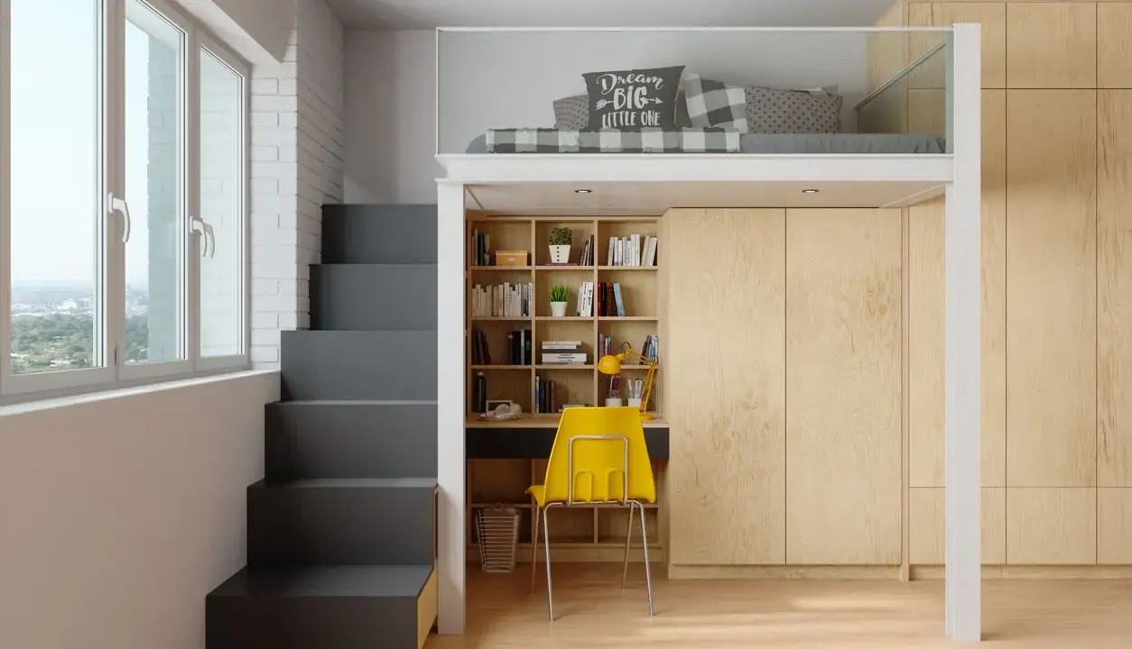 Soluzione geniale per arredare piccoli spazi: letto soppalcato, scrivania e libreria integrate, con scale contenitive.