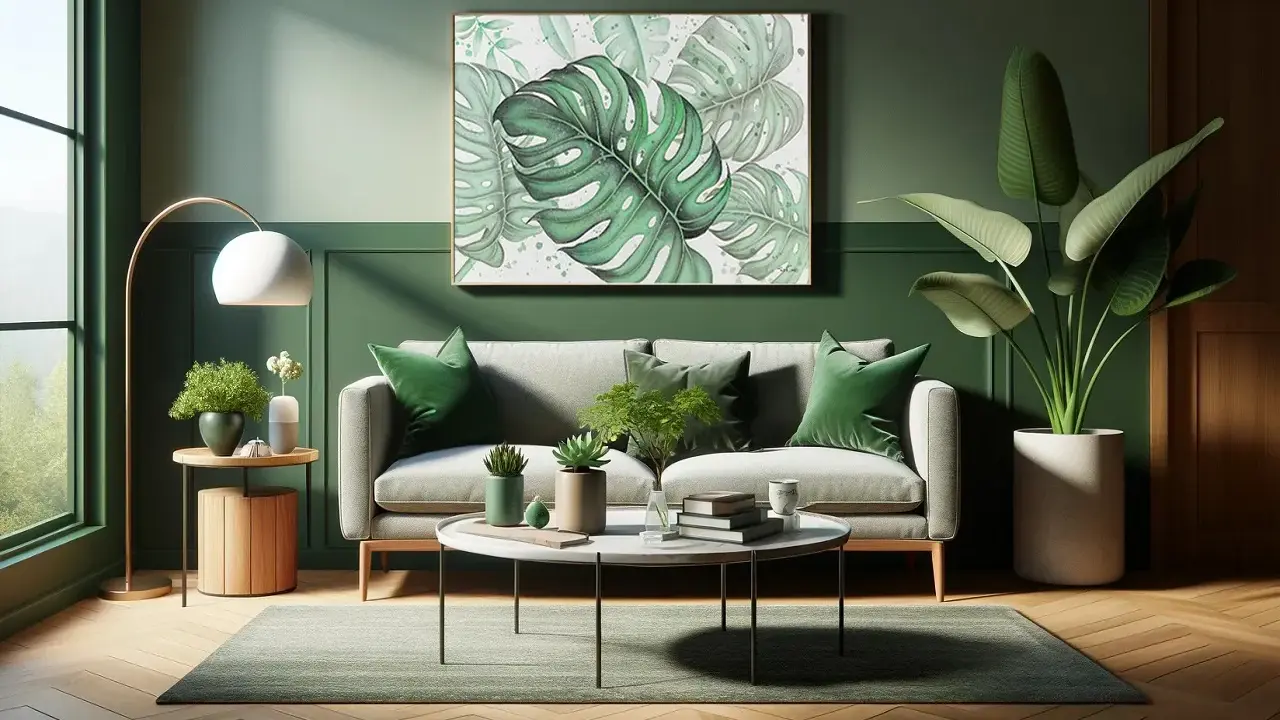 Un soggiorno moderno con divano grigio, cuscini verdi e un quadro di foglie tropicali. Un esempio di come abbinare il verde per un'atmosfera rilassante.