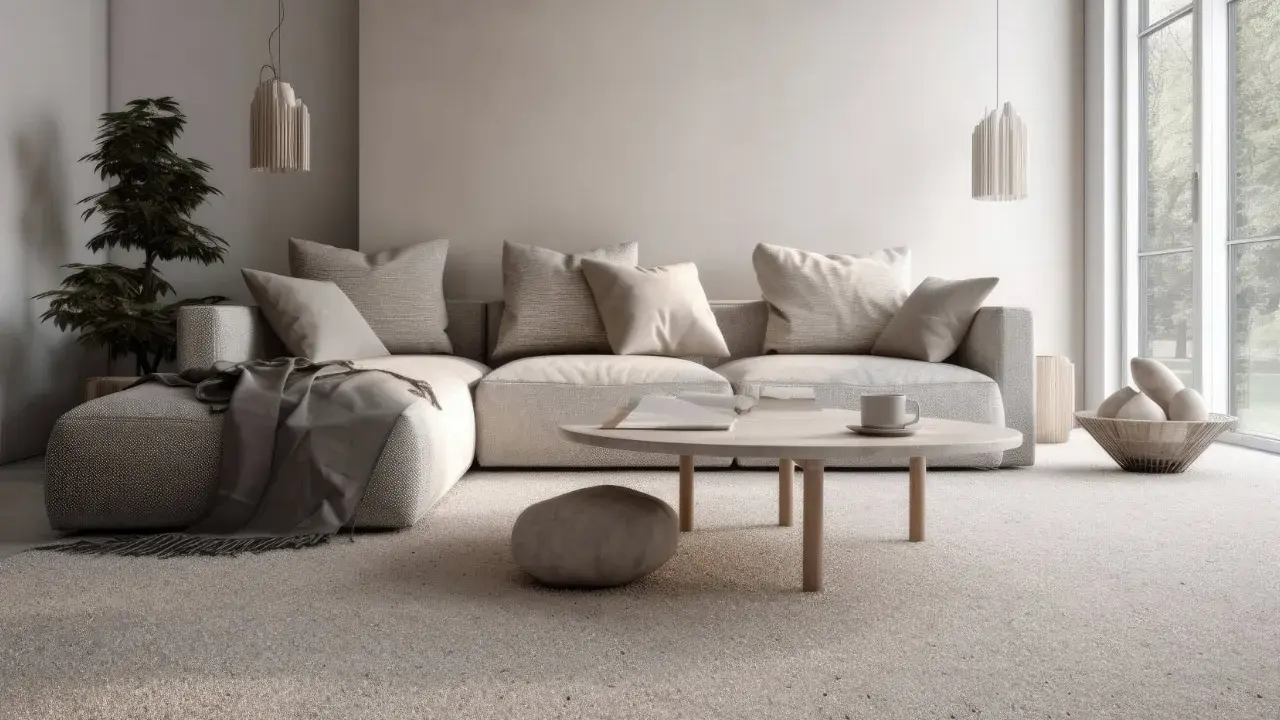 Soggiorno accogliente con divano angolare e tappeto in un caldo colore taupe. Tavolino rotondo con tazza e libro.