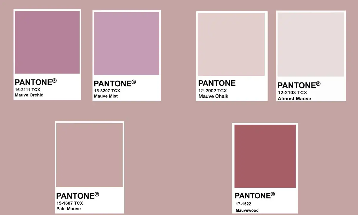 Palette di colori Pantone che esplorano il colore malva abbinamenti: dal Mauve Orchid al Mauvewood, passando per sfumature delicate.