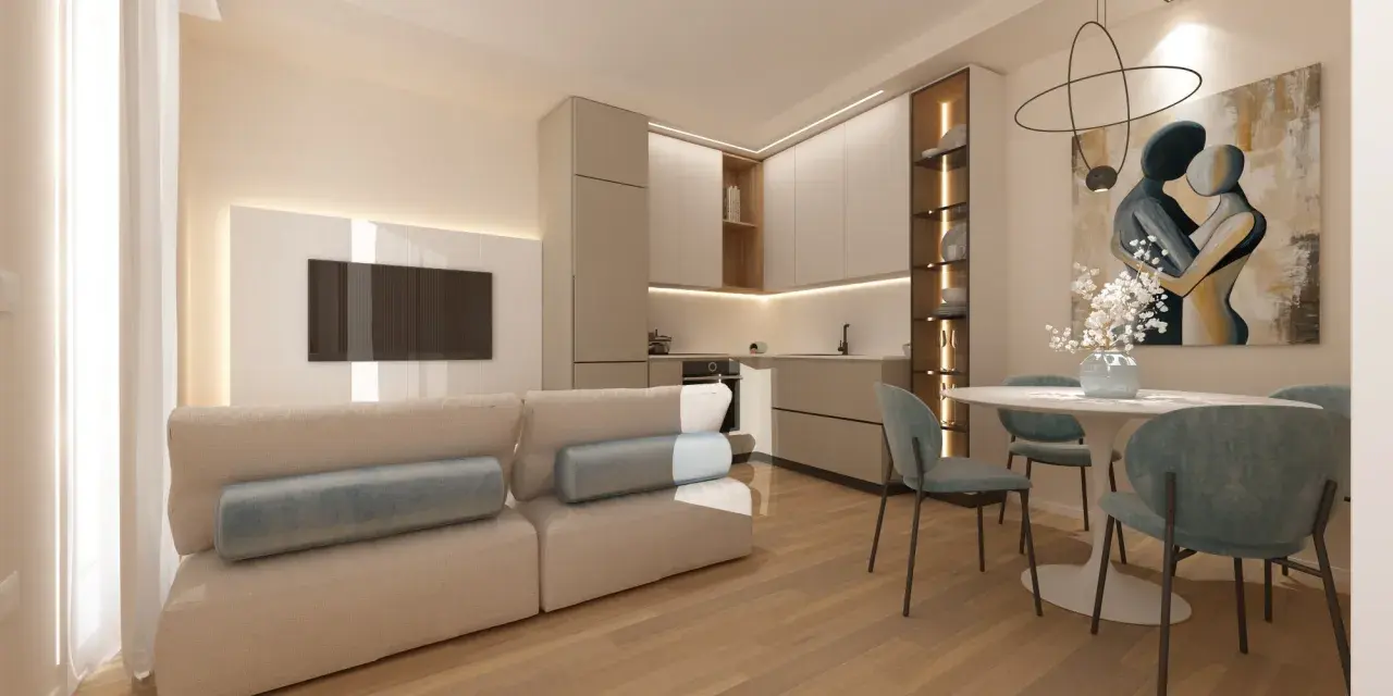 Soggiorno beige e bianco con divano, cucina moderna, tavolo rotondo e quadro astratto.