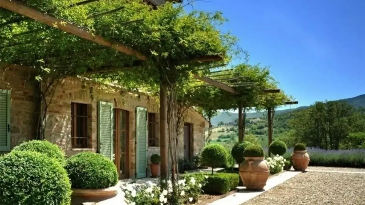 Splendide idee case di campagna esterni: un pergolato verde ombreggia una casa in pietra con persiane verdi, circondata da piante in vaso e un paesaggio collinare.