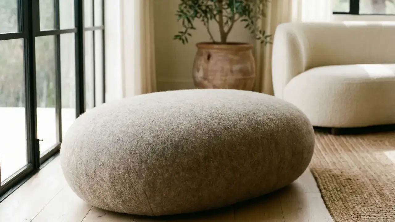 Un morbido pouf dal design organico, rivestito in tessuto grezzo, si abbina a un divano bouclé e a un vaso in terracotta.