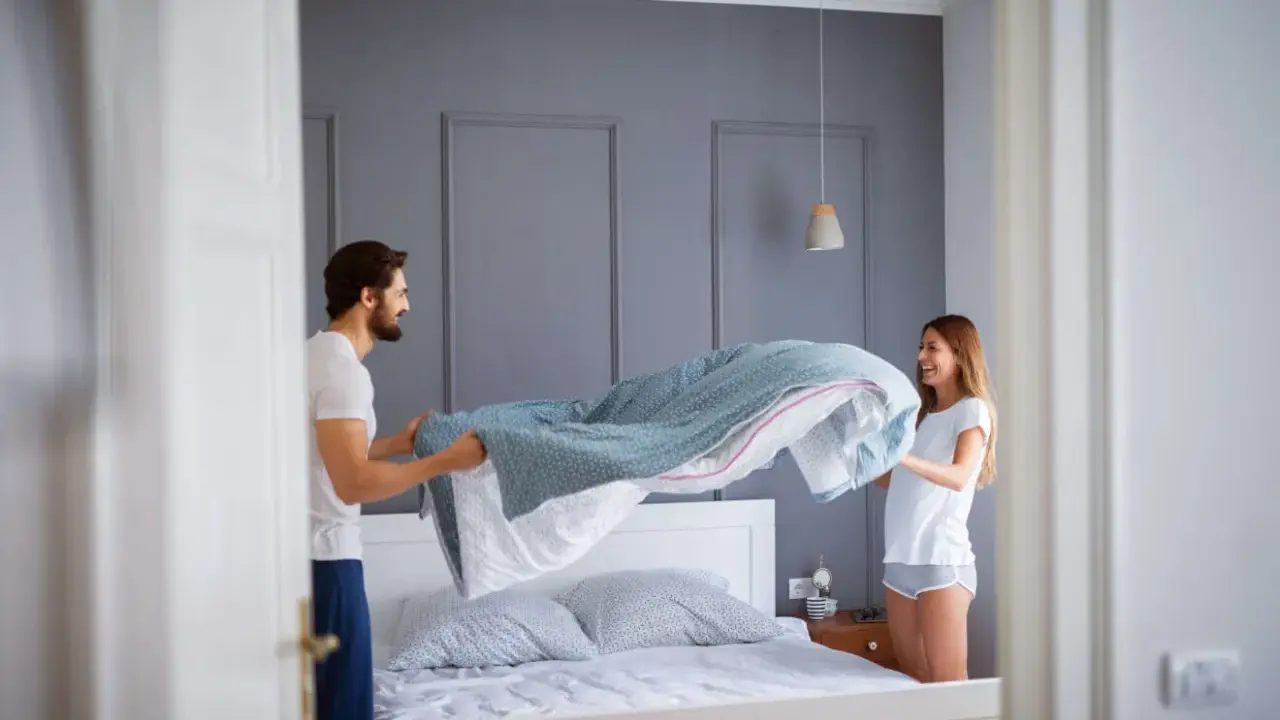 Coppia felice cambia le lenzuola, un promemoria su ogni quanto cambiare le lenzuola per un sonno fresco e igienico.