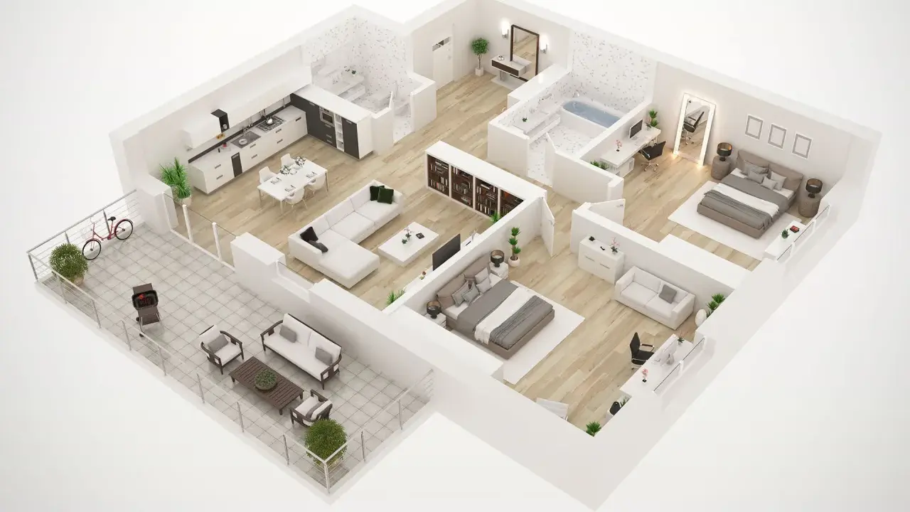 Progetto di interior design: vista aerea di un appartamento moderno con cucina, soggiorno, due camere da letto, bagno e terrazzo.