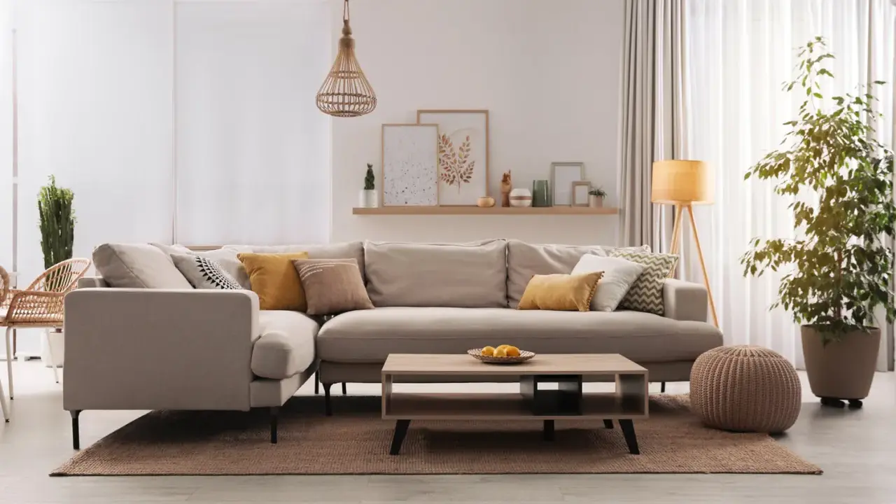 Divano angolare color taupe, con cuscini decorativi, tavolino in legno e pianta verde.