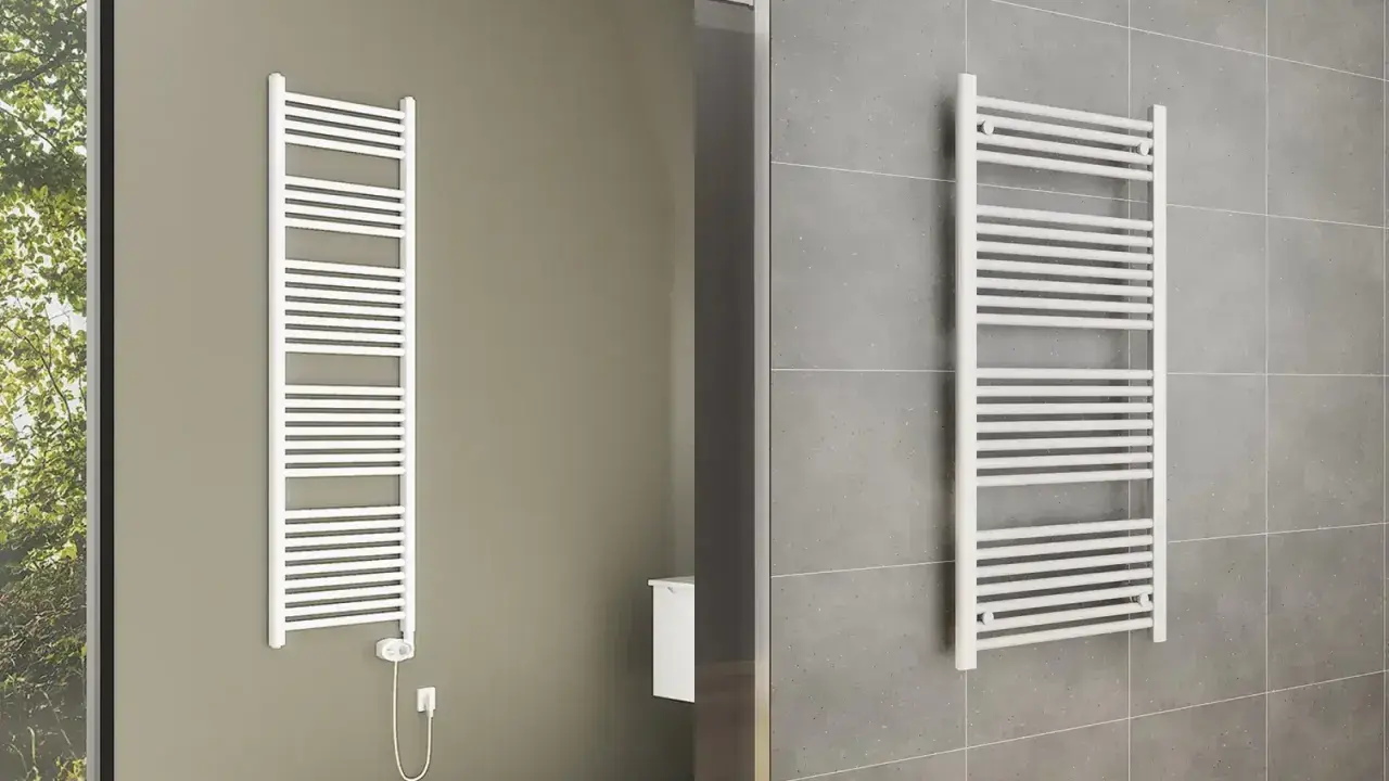 Radiatore bianco a scaletta, ideale per asciugare asciugamani. Ricorda: non coprire i termosifoni per un'efficienza ottimale.