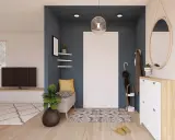 Ingresso moderno con panca, specchio rotondo e scarpiera. Idee particolari per un'accoglienza funzionale e di stile.