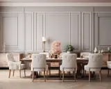 Elegancka jadalnia z boiserie, stołem i białymi krzesłami. Idealne idee boiserie soggiorno.
