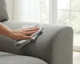 Mano che pulisce una poltrona in tessuto grigio con un panno. Un gesto semplice per imparare come pulire una poltrona in tessuto e mantenerla come nuova.