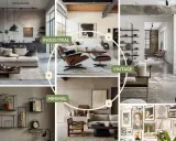 Collage di interni: cucina industriale, soggiorno vintage con poltrona Eames, e zona living minimal. Un esempio di abbinamento colori arredamento.