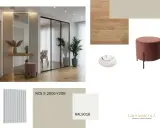 Tonalità tortora per pareti cucina: un moodboard con campioni di colore, parquet e pouf rosa antico.