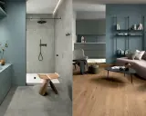 Bagno moderno con lavabo e doccia, soggiorno con divano curvo e libreria. Colori che si abbinano con il grigio, creando un'atmosfera rilassante.