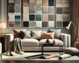 Tessuti per divano in esposizione, con campioni di texture e colori che ispirano il design d'interni.