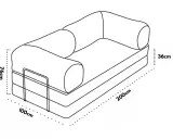 Divano letto con dimensioni indicate: altezza 76cm, larghezza 200cm, profondità seduta 100cm e altezza seduta 36cm.
