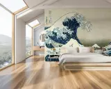 Camera da letto moderna con murale "La Grande Onda" di Hokusai. Un'idea di design audace per le tue pareti.