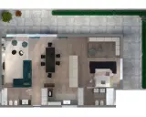 Vista aerea di un appartamento moderno: soggiorno con divano e TV, zona pranzo, cucina e camera da letto. La **distanza tv divano** è ottimale per il relax.