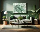 Un soggiorno moderno con divano grigio, cuscini verdi e un quadro di foglie tropicali. Un esempio di come abbinare il verde per un'atmosfera rilassante.