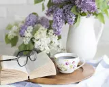 Un libro aperto, occhiali, tazza di caffè e fiori di lillà. Un'atmosfera rilassante, perfetta per pensare a come eliminare gli odori in casa.