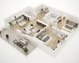 Progetto di interior design: vista aerea di un appartamento moderno con cucina, soggiorno, due camere da letto, bagno e terrazzo.