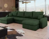 Divano angolare in velluto a coste verde foresta, con cuscini morbidi e un design moderno che invita al relax.