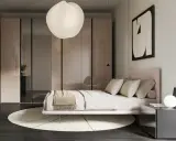 Idee per appartamenti moderni: camera da letto elegante con letto rosa, armadio a specchio e lampada a sospensione sferica.