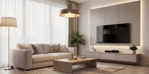 Un accogliente soggiorno con divano beige, tavolino in legno e un'elegante illuminazione sopra il divano che crea un'atmosfera calda.